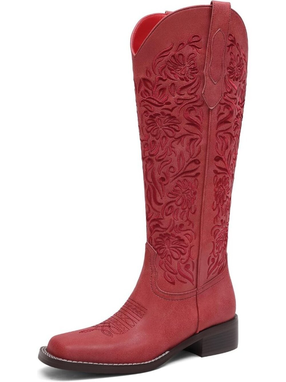 Women's Red Embroidered Cowboy Boots Knee High Low Block Heel Comfortable